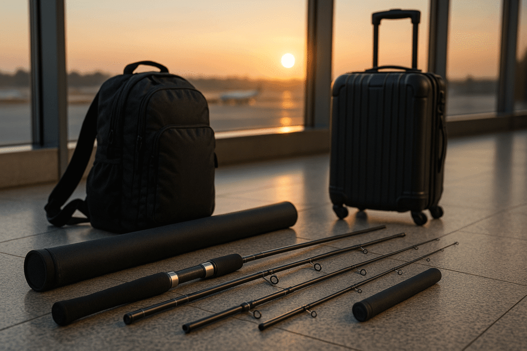 Canne de voyage multibrins rangée avec un sac cabine à l’aéroport, au lever du soleil.